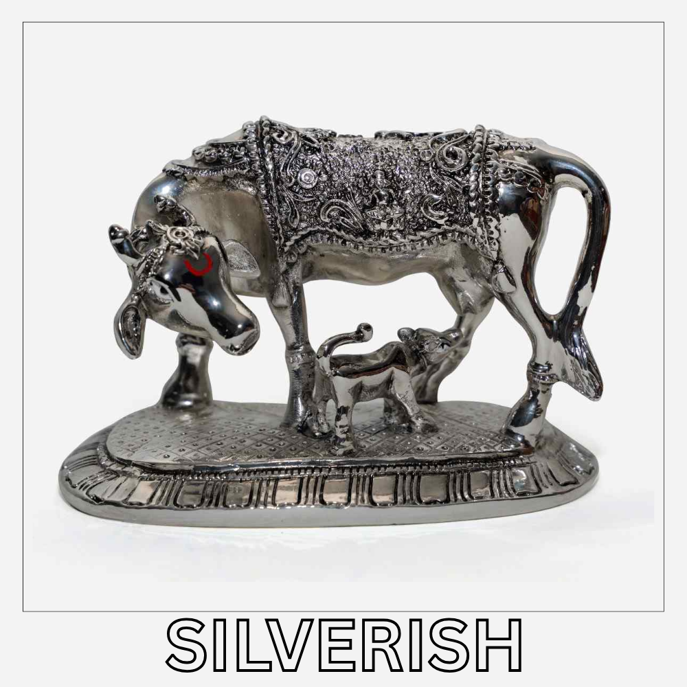 Kamdhenu Cow with Calf 99% Pure Silver Plated Unique idol Design by Silverish