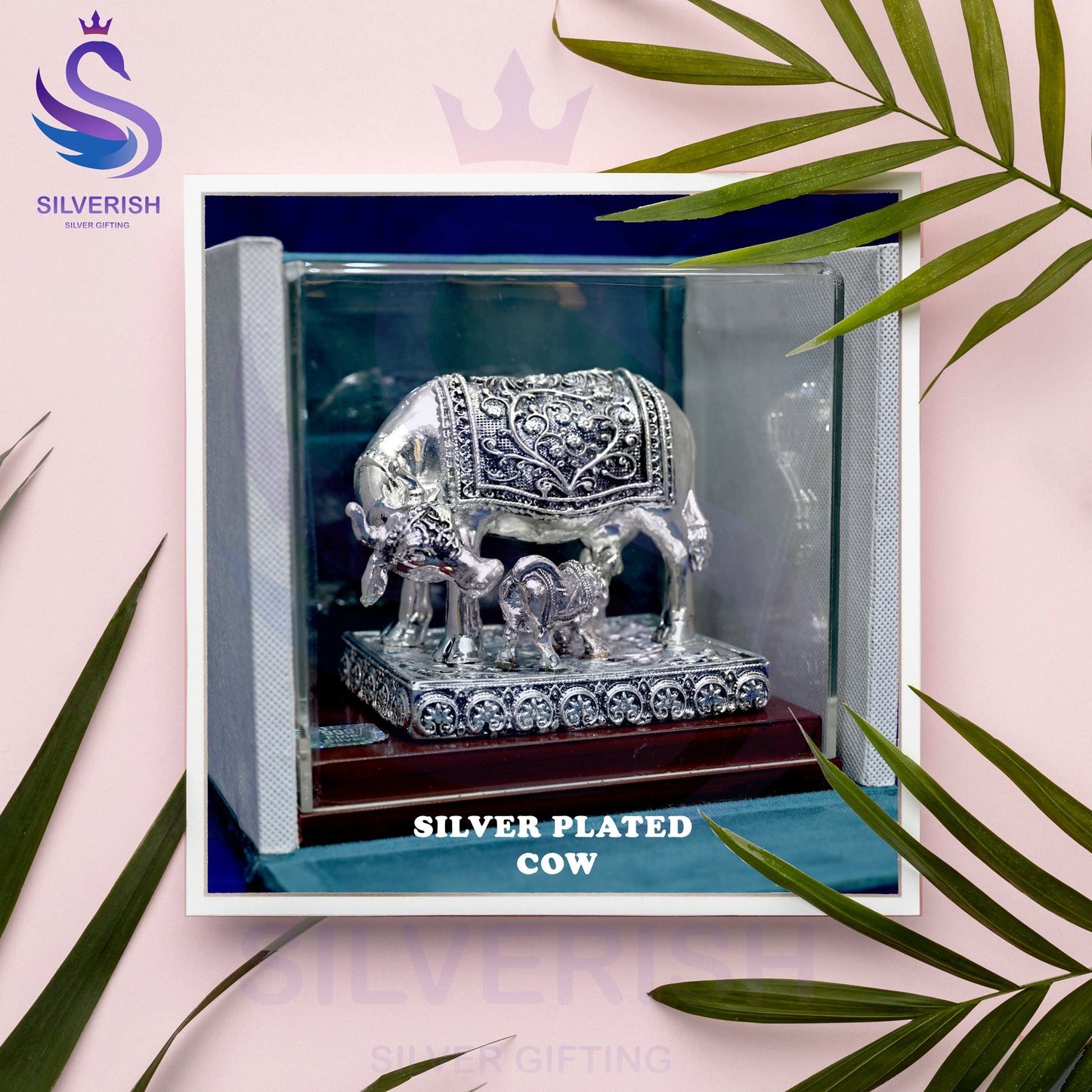 Kamdhenu Cow with Calf 99% Pure Silver Plated Unique idol Design by Silverish
