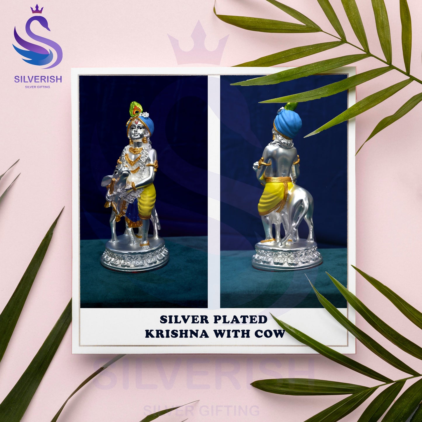 Krishna With Cow with Calf 99% Pure Silver Plated Unique idol Design by Silverish